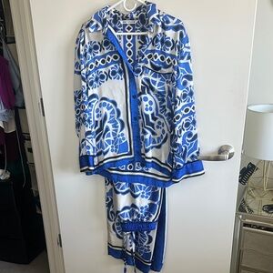 Zara geometric blue print silk shirt and pants set